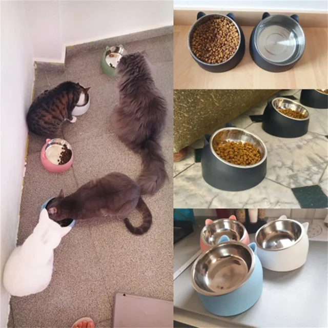 Cat Dog Bowl 15 Degrees Raised Stainless Steel Non Slip Puppy Base Cat Food Drinking Water Feeder Tilt Safeguard Neck Pet Bowl 3