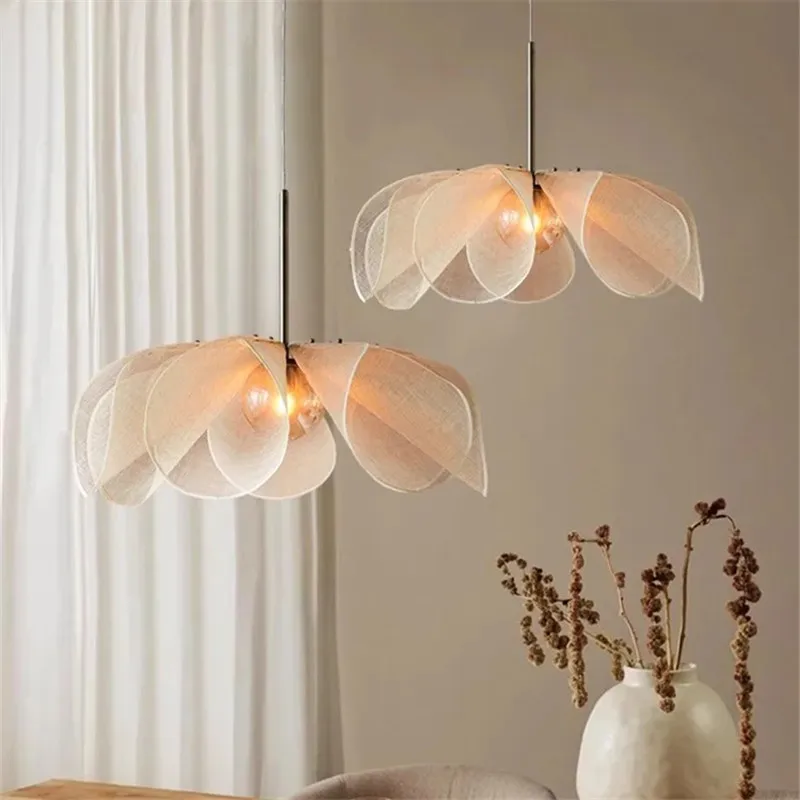 

Wabi Sabi pendant lamp led French Fabric Lights Nordic Simple Bedroom hotel Flower lamp Dining Living Room Artistic hanging Lamp