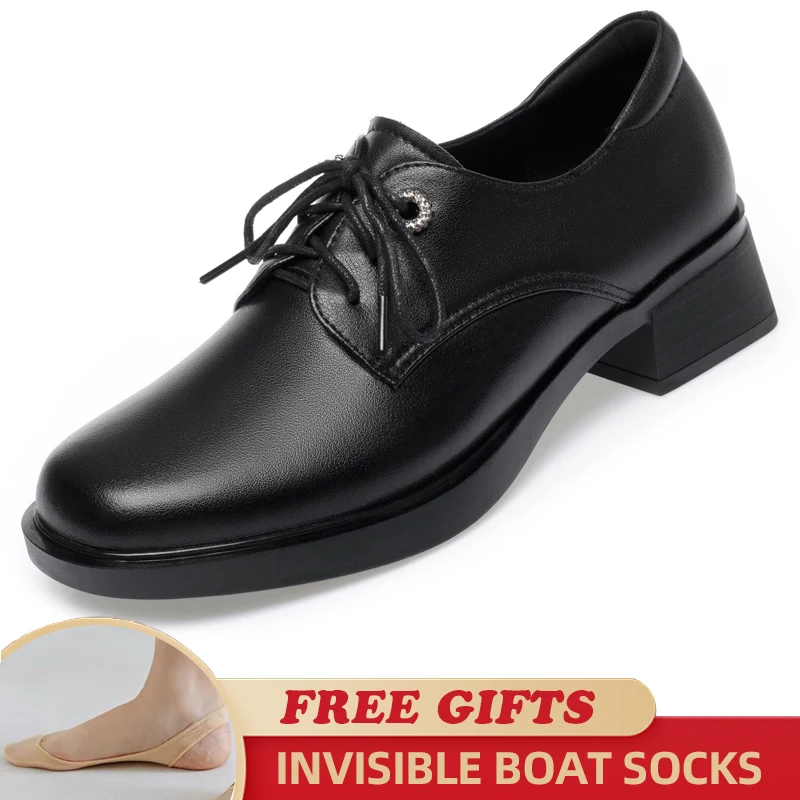 

2023 Spring New Women's Fashion Shoes Lace Up Genuine Leather Low Heel Thick Heel Women's Shoes Chunky Big Size Shoes Ladies