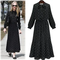 Boho Style Long Sleeve Polka Dot Print Maxi Dress Women's Clothing Pleated Skirt Dress Fashionable Elegant Gown for Ladies
