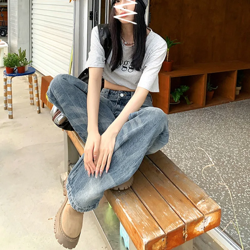 Denim Planet Blue Straight Jeans For Women In Spring 2024 New High Waisted Loose And Slimming Wide Leg Mop Pants