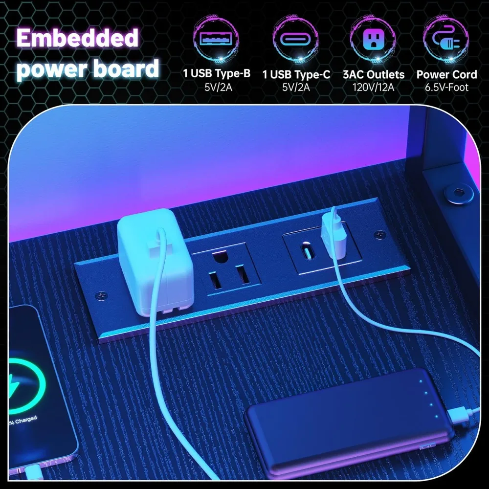 Gaming Desk with LED Lights & Outlets,55 5