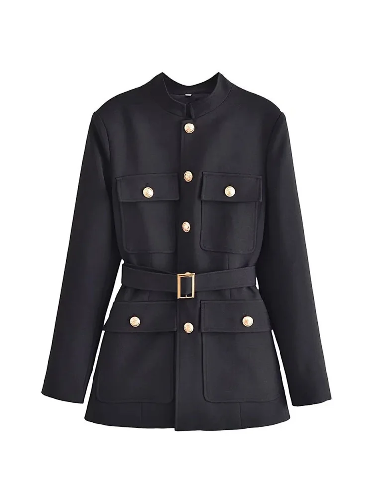 

HH TRAF Elegant Woman Commute Solid Pocket Jacket Outerwear Women O-Neck Long Sleeve Single-Breasted Belt Slim Blazers Coat