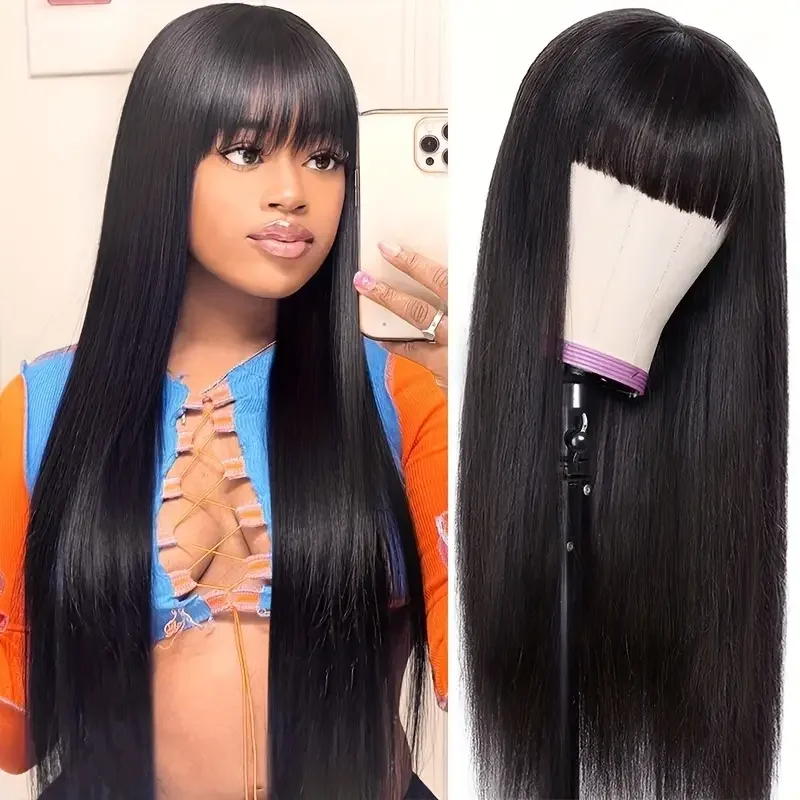 

Straight Human Hair Wig With Bangs Glueless Malaysian Wigs On Sale Cheap Fringe Wig 30 Inch Full Machine Made Wig Natural Color