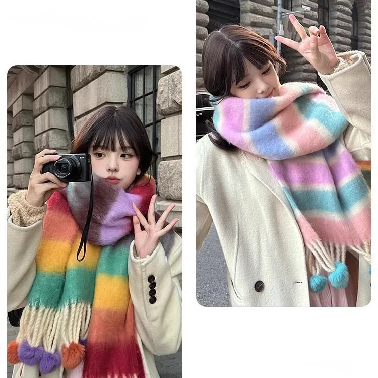 Dopaminfarben gestreifter handgemachter Wollknäuel warm für Frauen im Winter, neue koreanische Version verdicktes kältebeständiges Paar_voghion.com