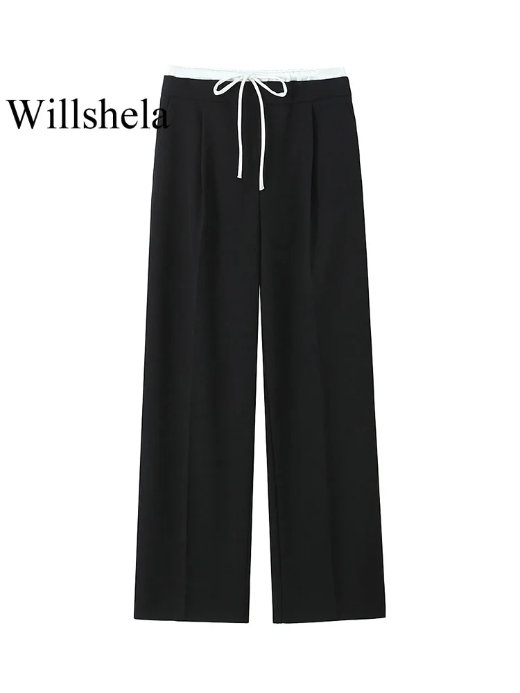 Willshela Women Fashion Solid Lace Up Side Zipper Straight Pants Vintage High Elastic Waist Female Chic Lady Trousers 2