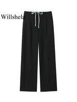 Willshela Women Fashion Solid Lace Up Side Zipper Straight Pants Vintage High Elastic Waist Female Chic Lady Trousers 2