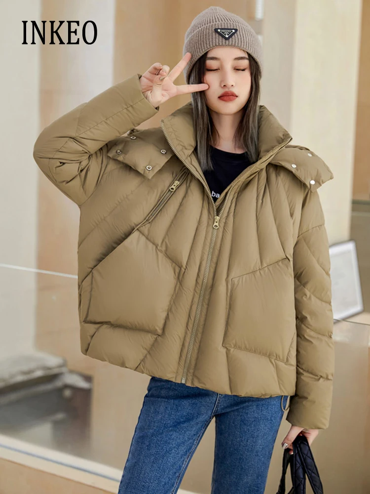 

2023 Autumn winter Oversized Hooded down jacket Warm Design Thick 90% white duck down puffer coat Camel Short Overcoat 3O092