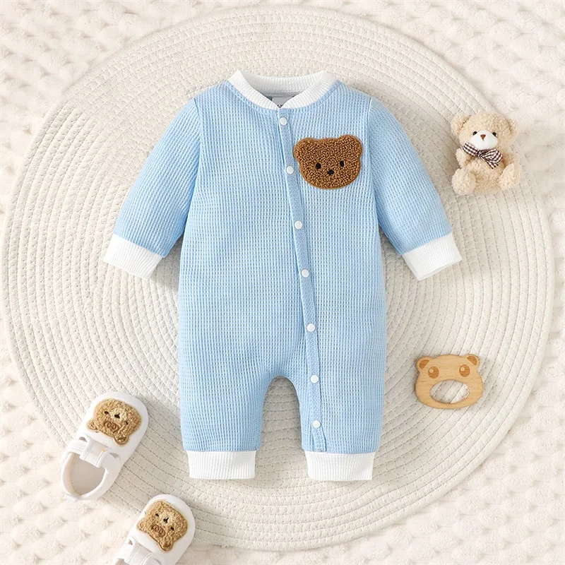 

Bear Embroidery Jumpsuit Newborn Girl Boy Waffle Romper Full Length Button Playsuit Long Sleeve Bodysuit Baby Outfit