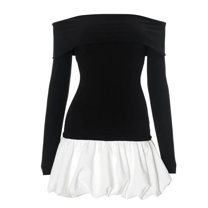 Elegant Folds Mini Dress Female One-Shoulder Contrast Color Patchwork Long Sleeves Dress Sexy Slim Party Club Dresses