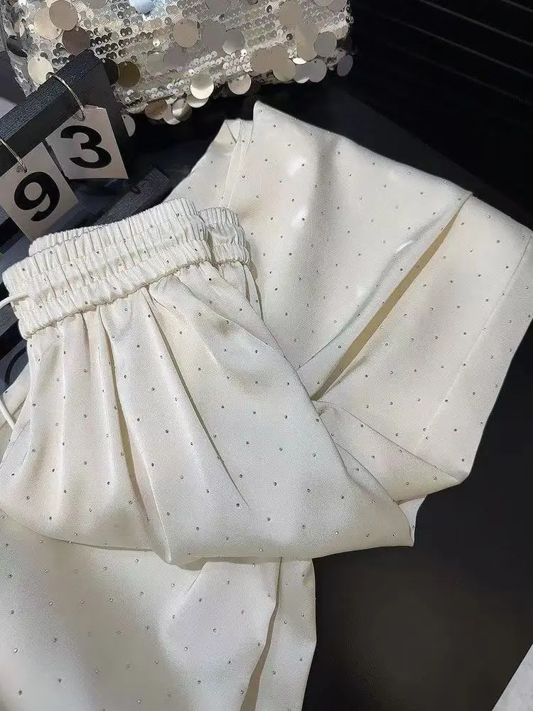 New Women High Waist Hot Diamonds Wide-legged Pants Summer Korean Chic Design Loose Straight-legged Pants Elastic Waist Trouser