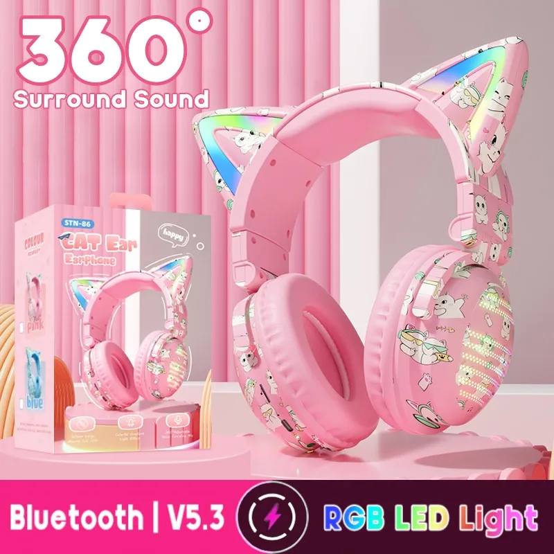 

RGB Cat Ear Headphone Wireless & Wired Gaming Headset Hifi Bluetooth 5.3 Gamer for School for PC/Laptop/Tablet Girls & Boys Gift