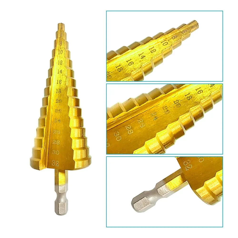 Step Drill Bit 1PC Titanium Plated Hexagonal Straight Groove 4-32mm Reaming Pagoda Hole Opening