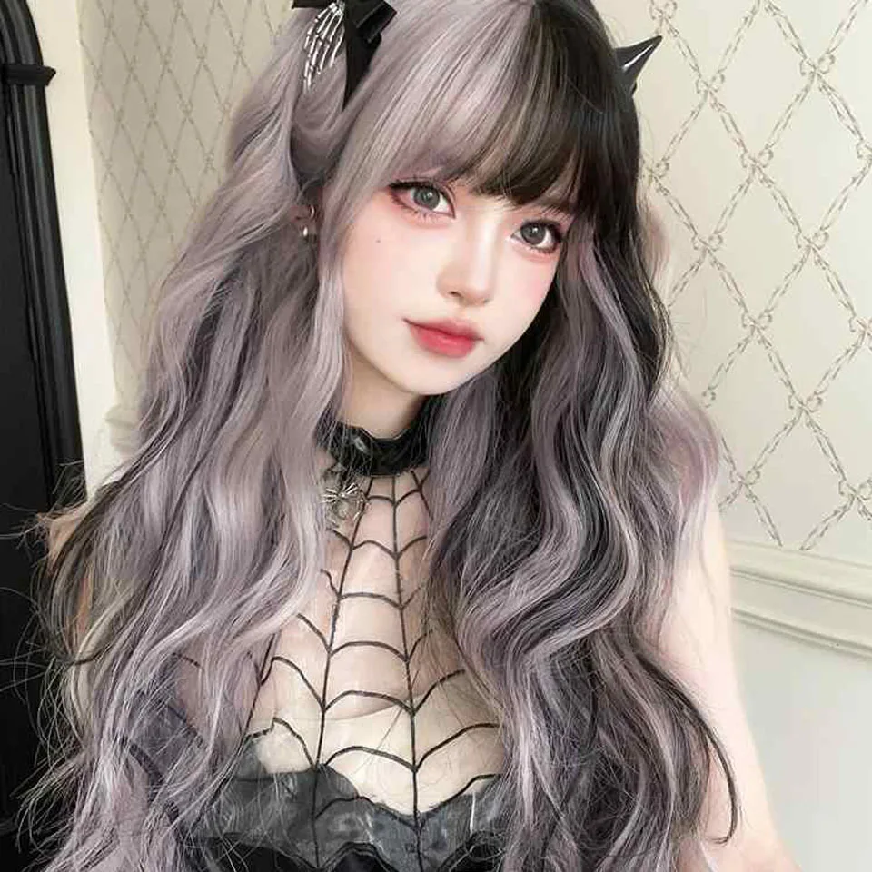 Brown Black Synthetic Wig with Ash Highlight for Women