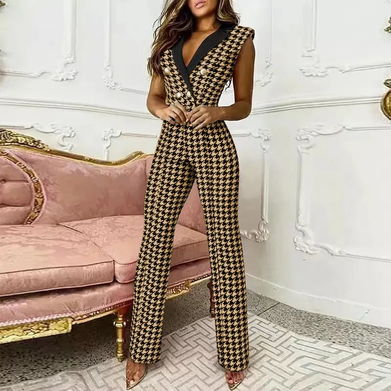 

Woman Elegant Work Long Jumpsuits Professional Wear New Color Matching Twisted Button Women's fashion Sleeveless Jumpsuit