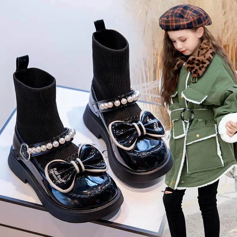 Baby Autumn Winter Butterfly-knot Fashion Leather Boots Non-slip Toddler Little Girls  Ankle Children Soft Socks Boots