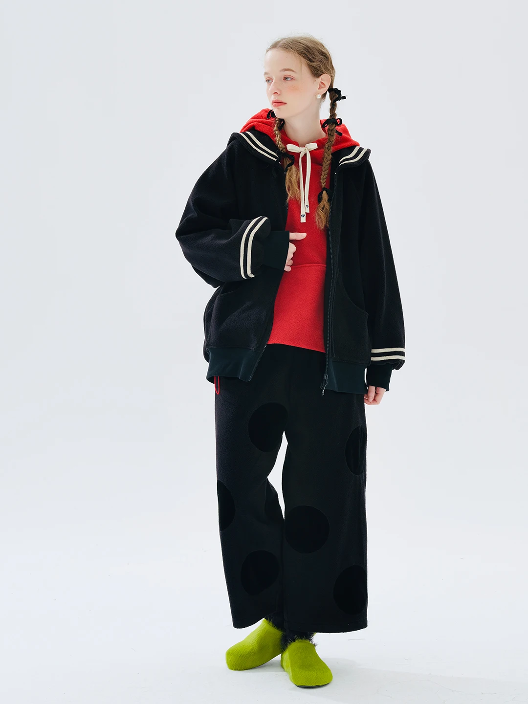 IMAKOKONI original design autumn winter elastic waist polka dot applique black trousers nine-quarter trousers women 234294
