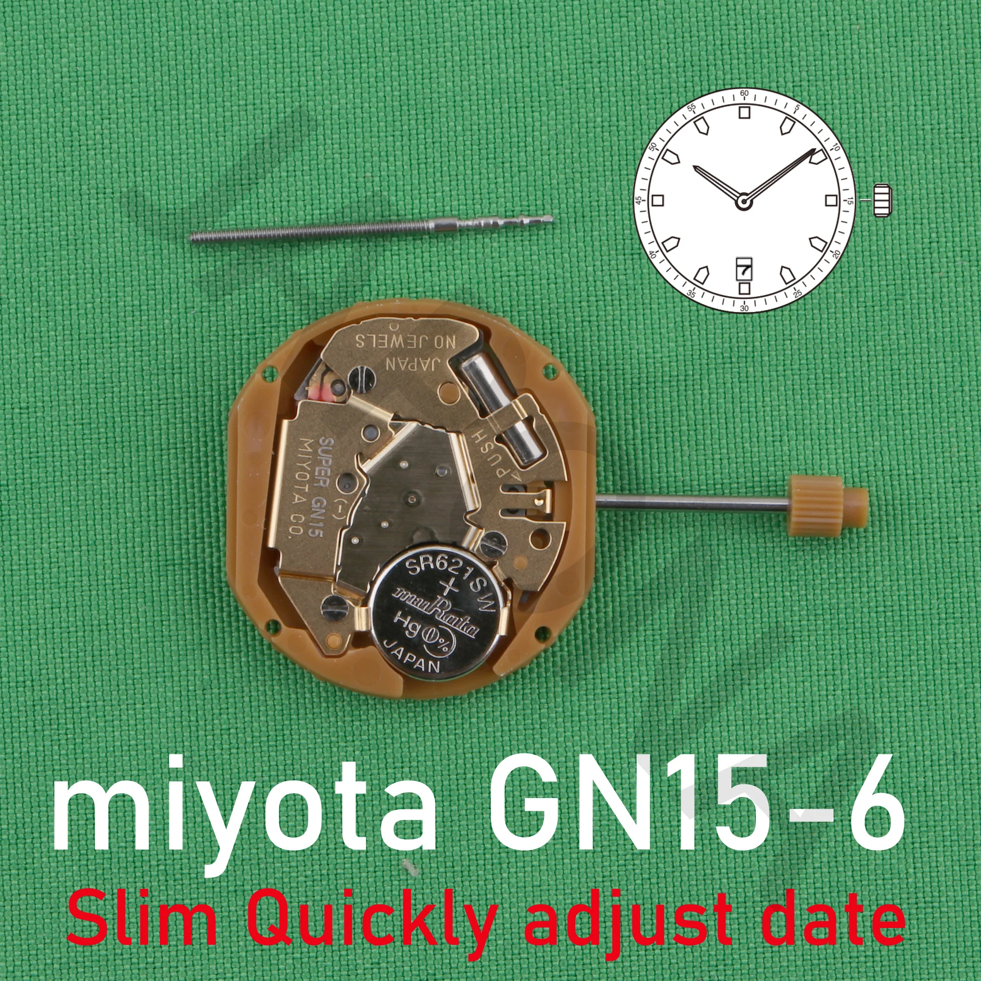 GN15 미요타 GN15-6 무브먼트, 일본 무브먼트, 2 핸드 쿼츠 무브먼트, 슬림 무브먼트, 빠른 날짜 조정