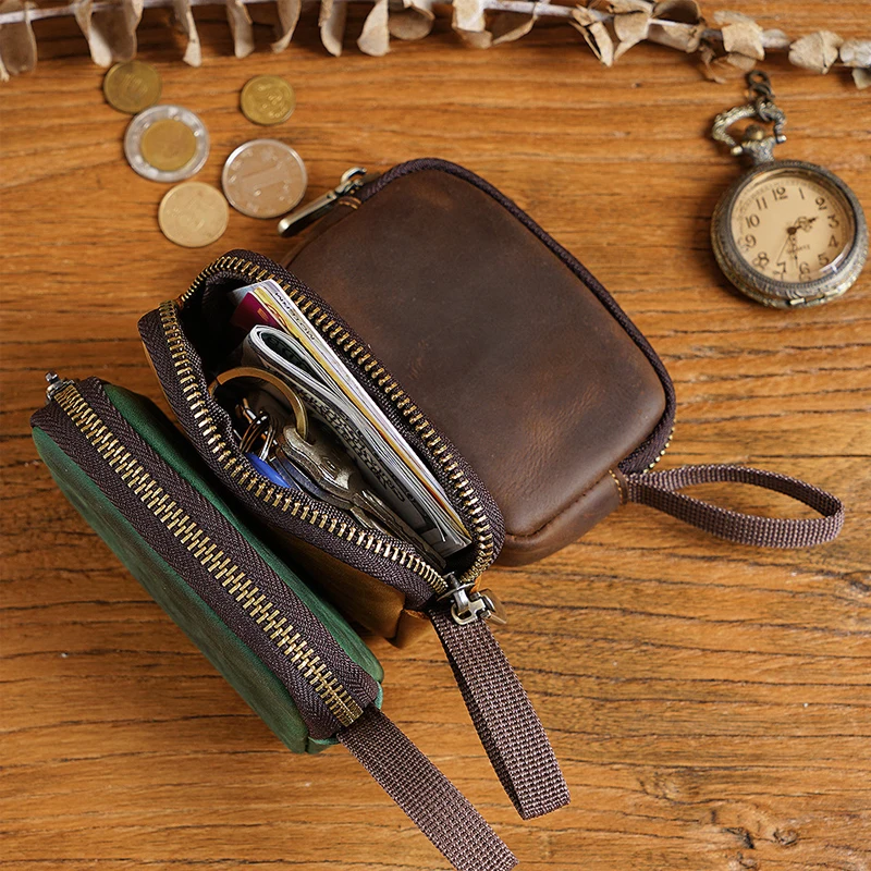 Vintage Solid Color Cowhide Small Purse Mini Coin Purse Bluetooth Headset Key Bag Zipper Card Coin Storage Bag