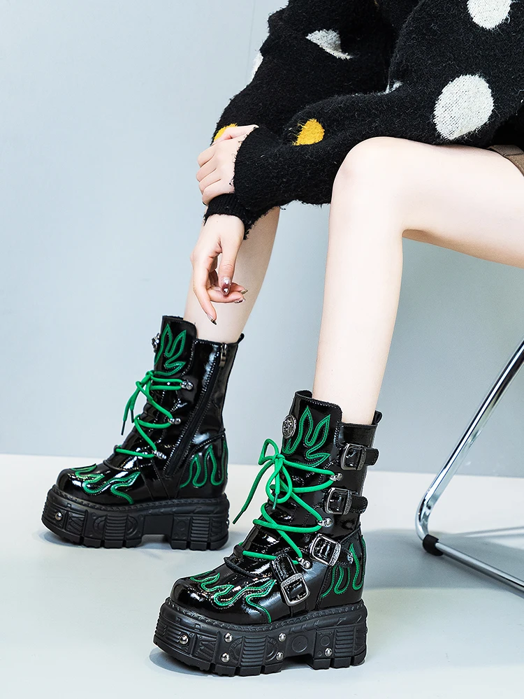 Fashion Women Motorcycle Boots Rivet Metal Chain Buckle Belt Short Equestrian Round Toe Mid-calf Boots Lady Platform Chunky Boot