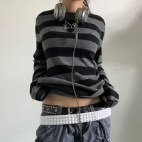 T-shirt baggy à manches longues pour femmes et adolescentes, t-shirts bébé rayés, streetwear vintage, nickel é, grunge, vêtements d'automne, Y2K 1