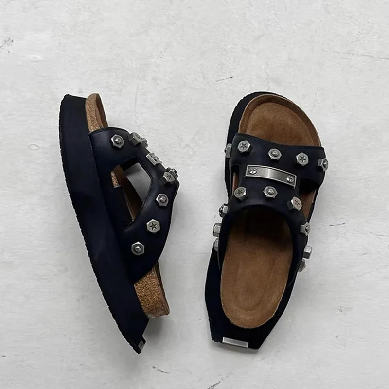 Niche Functional Sense Rivet One-Word Slippers Women's Summer Thick-Soled Leather Outerwear Half-Slippers Sandals Women's Shoes