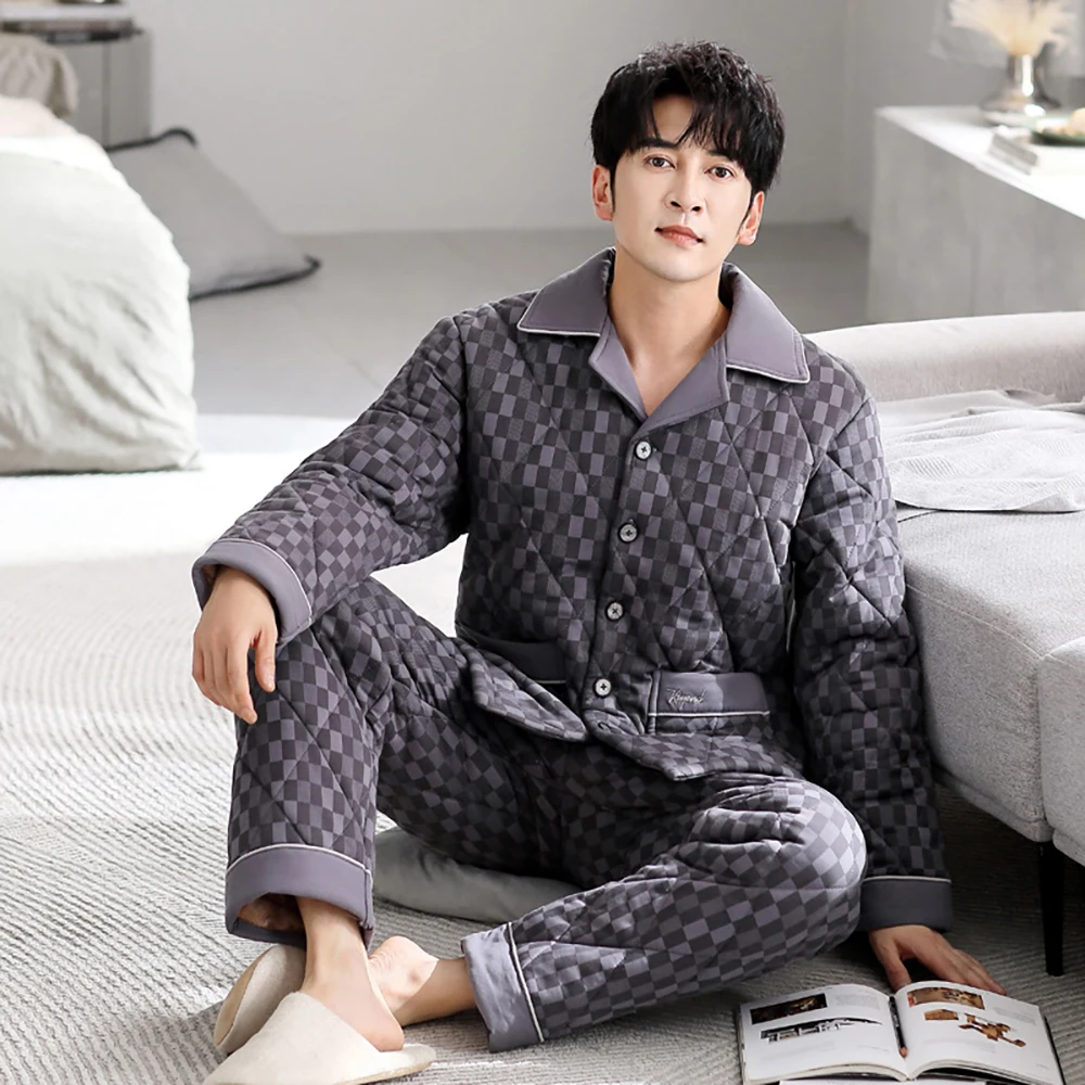 3-layer Thicken Men's Winter Pajamas 100% Cotton Sleepwear for Sleeping Warm Flannel Pajama Sets Luxury Plaid pijama hombre 3XL