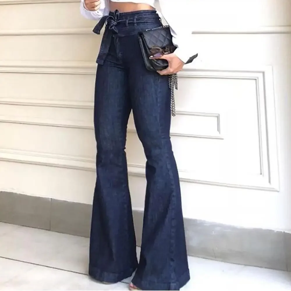 

High Waisted Lacing Stretch Wide Leg Jeans Fashion Ladys Bell-bottomed Pants Large Size Slim Sexy Pants Distress Jeans