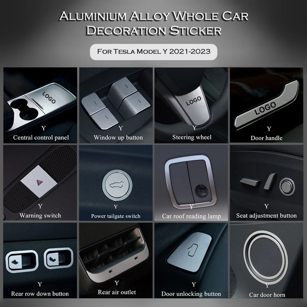 

ModelY Whole Car Aluminum Alloy Stickers For Tesla Model Y 2023 2022 2021 Door Handle Center Control Window Button Decals