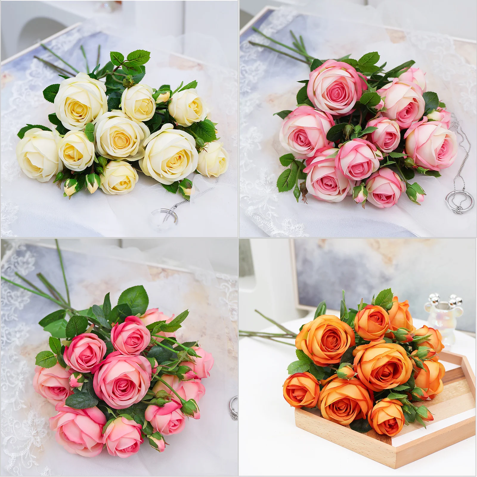 

5pcs/Lot Artificial Real Touch Rose Flower Bridal Bouquet Faux Rose Stems Wedding Vase Arrangement Table Centerpiece Home Decor