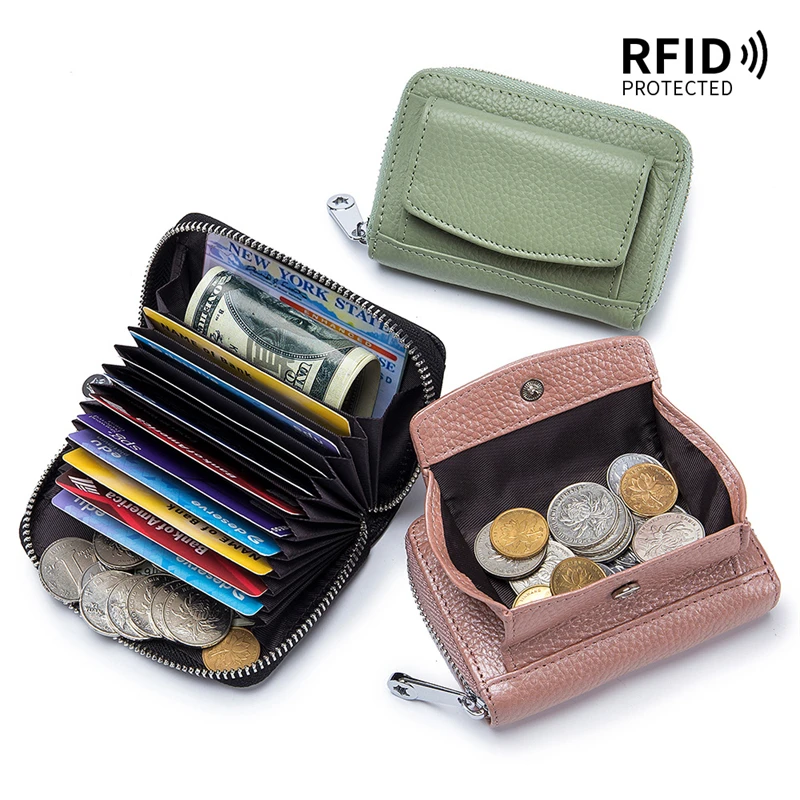 

Genuine Leather Men Women Short Holder Small Zipper Wallet Solid Coin Purse Accordion Design Rfid ID Business Credit Card Bag