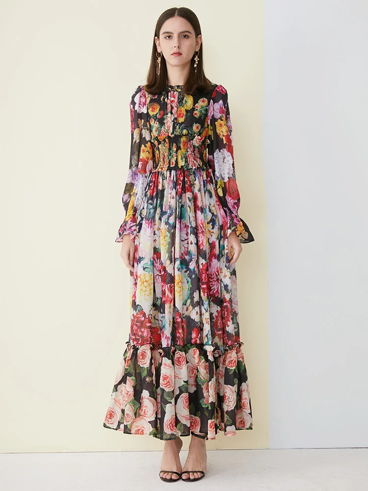 فستان نسائي بأكمام طويلة مطبوع بالزهور ، فستان صيف...