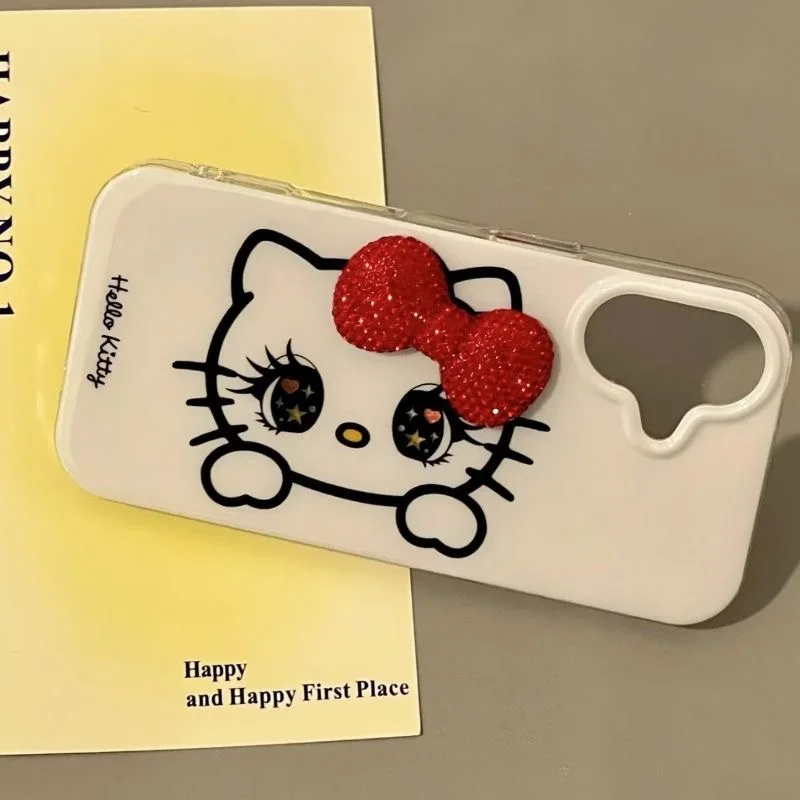 Sweet Diamond Bowknot Kitty Cartoon White Double Acrylic Phone Case
