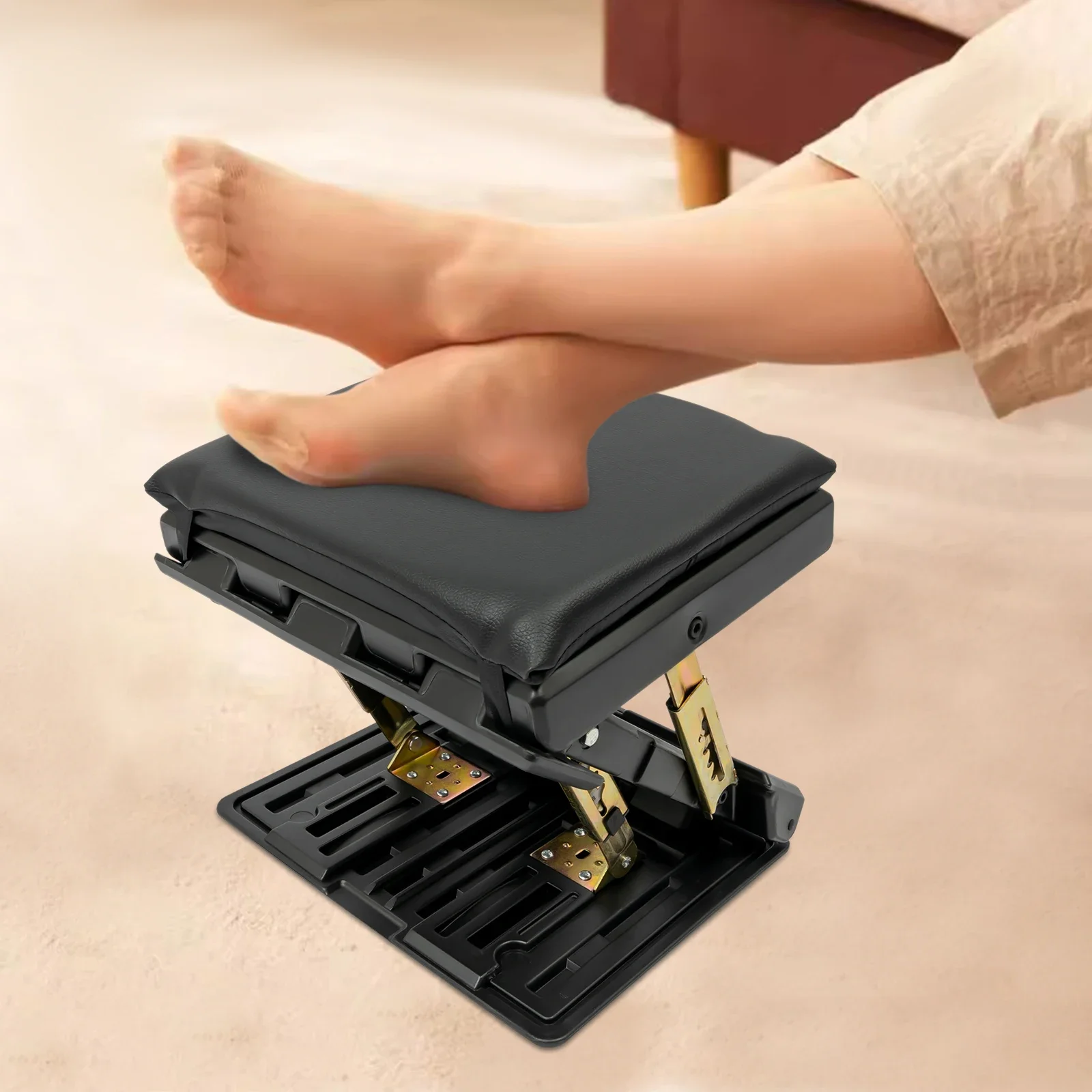 Black Ergonomic Foldable Footrest w/ Adjustable Angle, Under-Desk Stool for Office/Home/Car/Train Use, Supports Up to 176.3 lbs