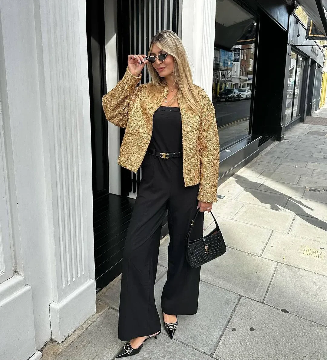 Sc8e7cea66df043658c2b165d731fd094y Women's Sequined Bomber Jacket Fall New Round Neck Long Sleeve Pocket Stretch Hem Sequins Jacket Coat Female Chic Outerwear Mallzona