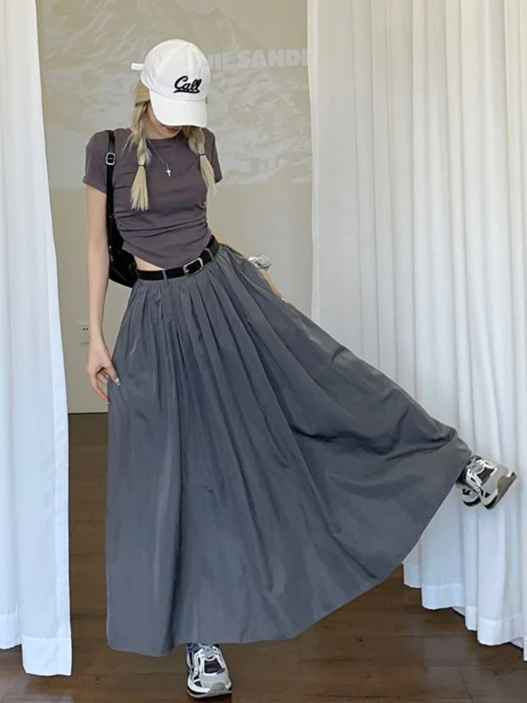 Long Skirts Women Loose Autumn Pleated High Waist Pure Temperament Chic Aesthetic Bottoms Harajuku Leisure Korean Fashion Faldas