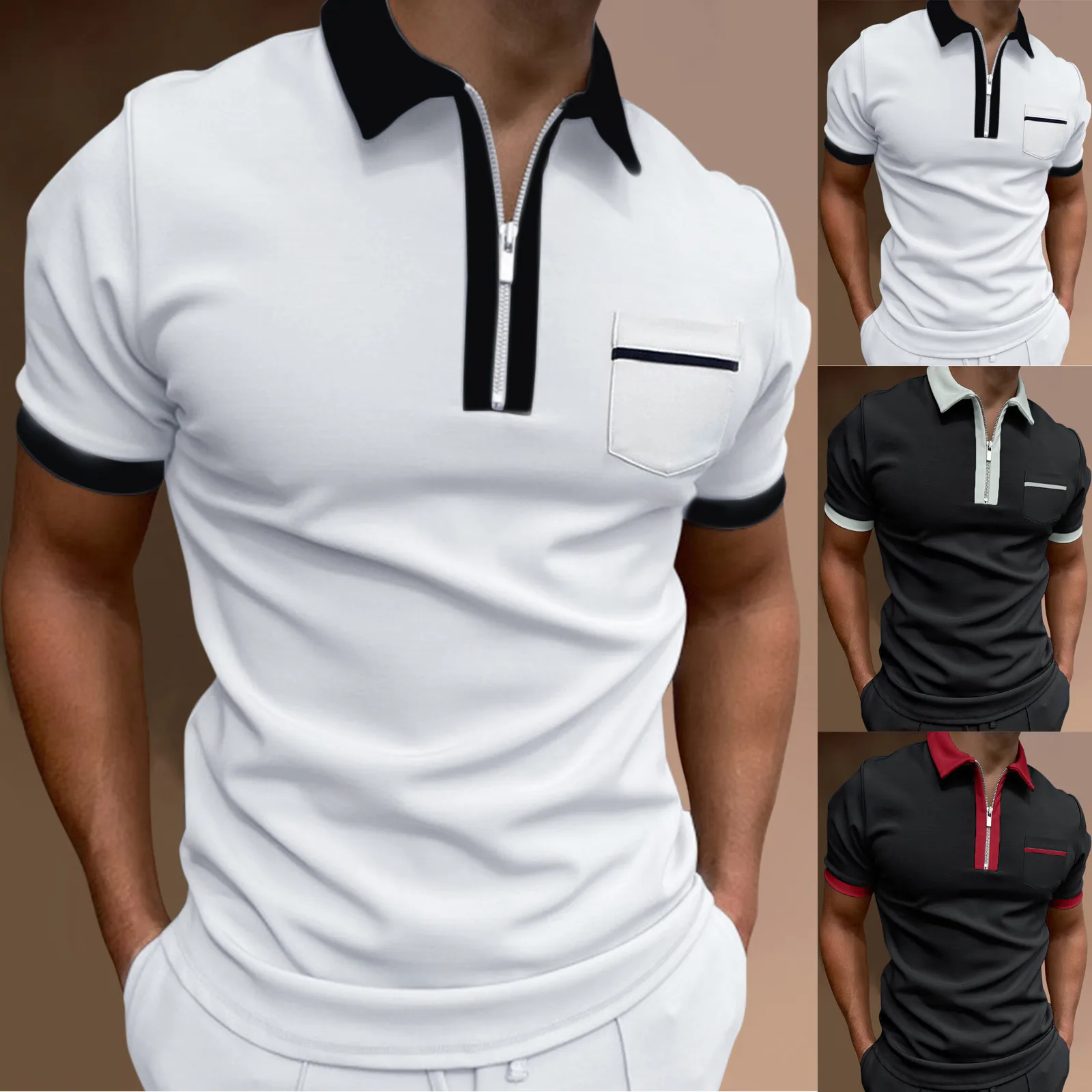 Description Picture 2 of itemZipper Solid Mens Polo Shirts 2023 New Summer Pocket Turn Down Collar Short Sleeve Fashion Men Tops T Shirt Vintage T Shirt