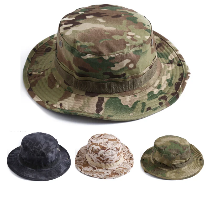 Summer Camouflage Hat Tactics Men's Round Brim Outdoor Summer Anti-UV Hat Sun Benny Fisherman Fishing Breathable Army Cap