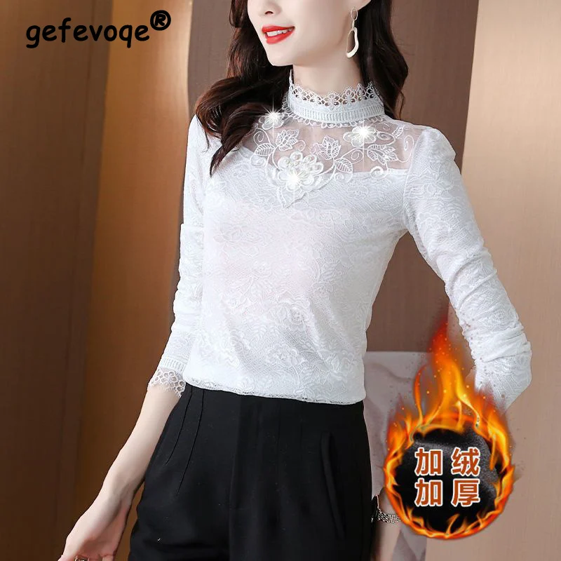 

Sexy Elegant Lace Half High Collar Black White Basic Ladies Tops Fall Winter Fashion Fleece Warm Slim Long Sleeve T Shirt Women