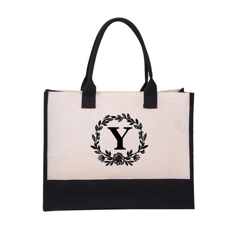 Canvas Tote Shoulder Bags Alphabet Letters Flower Color Simple Fashion Water and Dirt Proof Shopping Handbags Picnic Storage Bag
