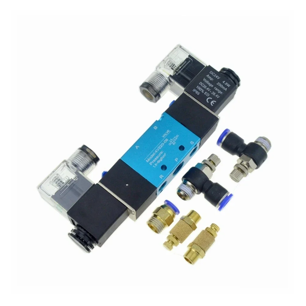 

Double Control 2 Position 5 Way Pneumatic Electric Solenoid Valve 12V 24V 220V 6mm 8mm 10mm Hose Adjust Air Gas Magnetic Valve