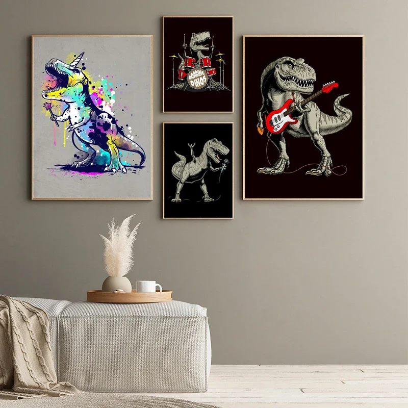 

Cartoon Dinosaur Poster Simple Musical Instrument Rocking Children's Room Bedroom Canvas Painting Girl Boy Room Canvas Wall Art