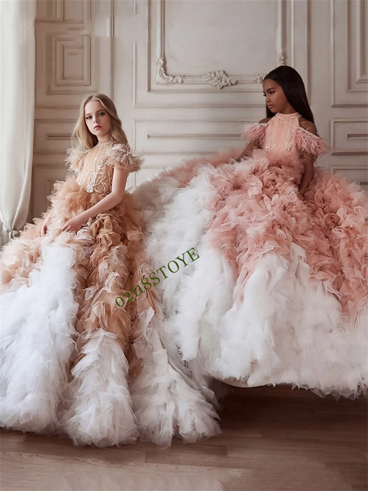 Puffy Princess Dress Luxury Girl Birthday Dress Feather Flower Girl Child First Communion Baby Gown