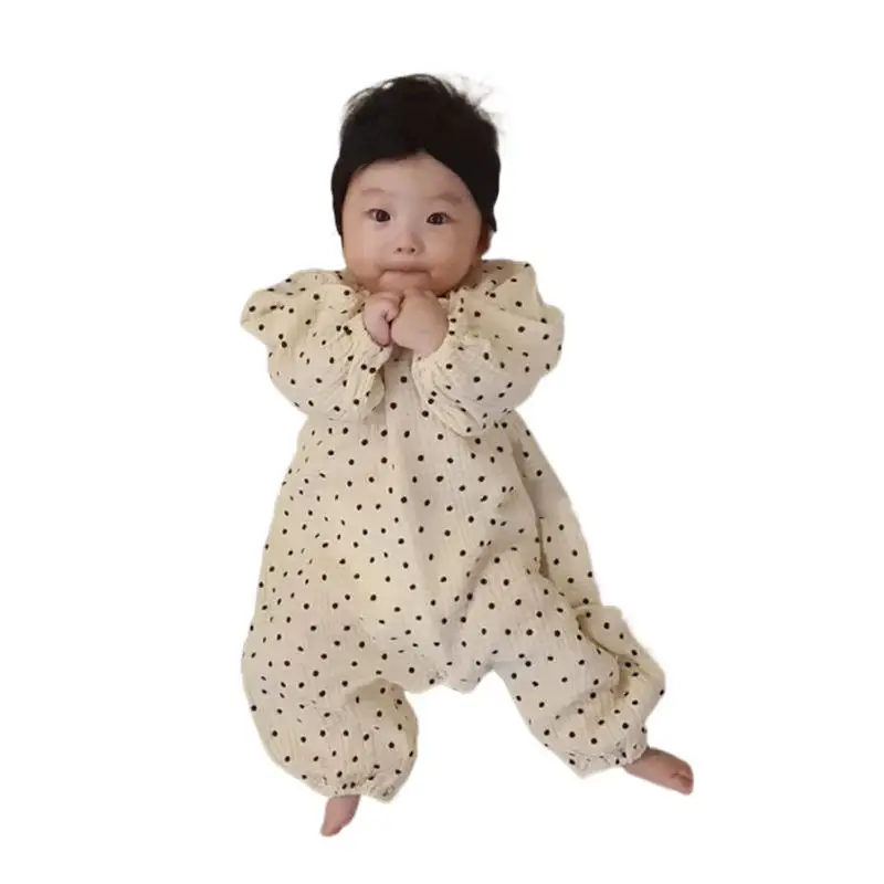 2023 봄 가을 롬퍼, 코튼 도트 베어 프린트, 단색 원지 점프수트, 전체 소매, 느슨한 소년 복장