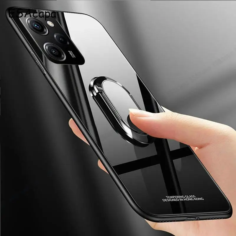 Magnetic Ring Holder Stand Shockproof Protective Phone Case with Tempered Glass Back Cover