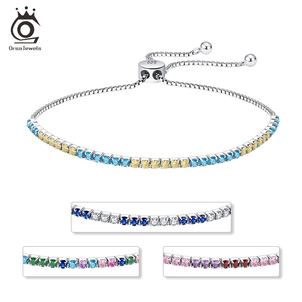 

ORSA JEWELS 925 Sterling Silver 2mm Multi-Color Tennis Bracelet for Women Handmade Cubic Zirconia Chain Bracelets Jewelry SB152