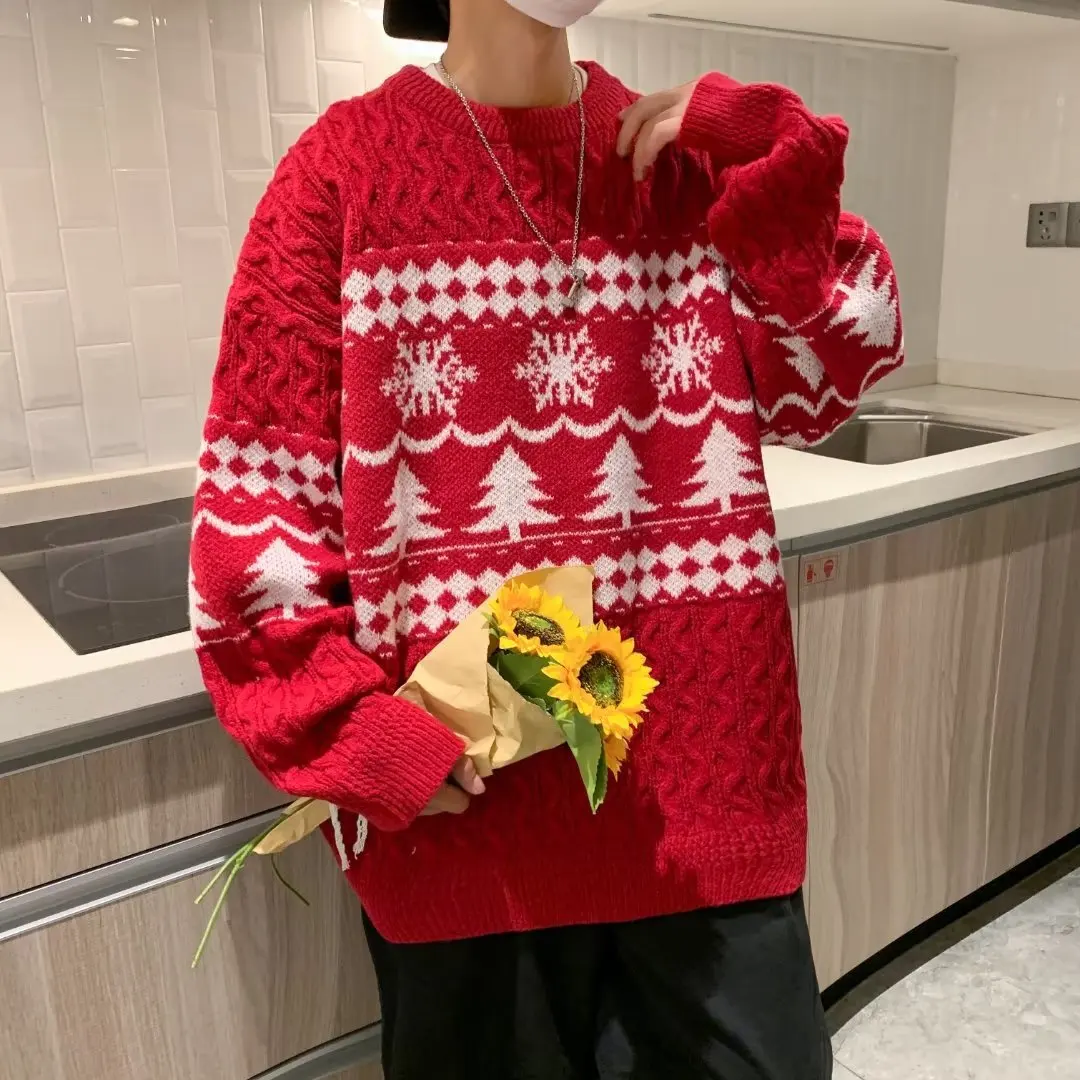 

Men and Women Warm Knitwear for Fall/winter American Oversize Crewneck Christmas Tree Patterned Oversize Crewneck Sweater