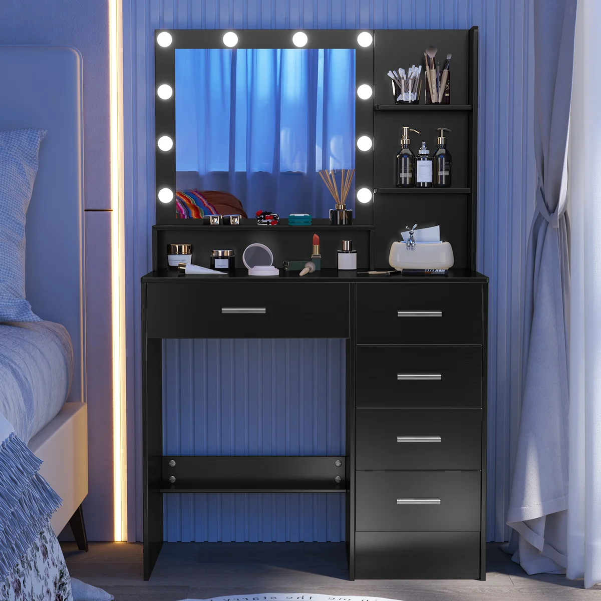 Black Dressing Table with 5 Drawers and Lighted Mirror Makeup Vanity Desk — view 4