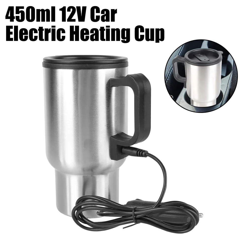 캠핑 여행 주전자 전기 난방 자동차 주전자 차량 난방 컵 12V 450ml 스테인레스 스틸 물 커피 우유 열 머그잔