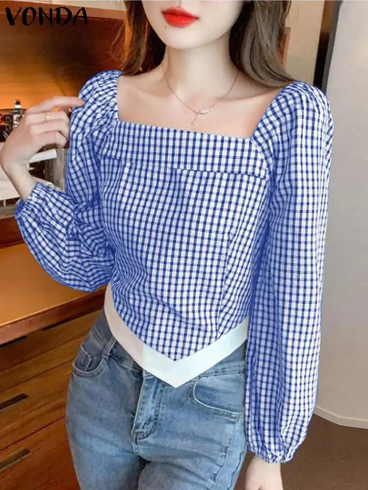 

VONDA 2024 Fashion Casual Plaid Blouse Elegant Women Long Sleeve Square Neck Tops Irregular Hem Bandage Short Shirt Blusas Femme